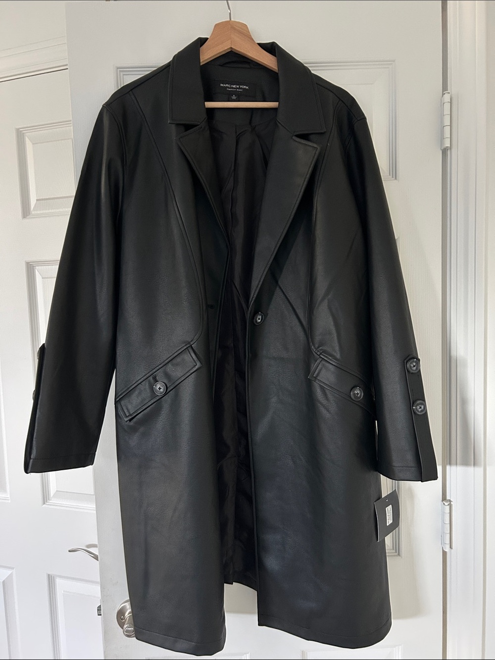 Black Faux Leather Long Trench Coat